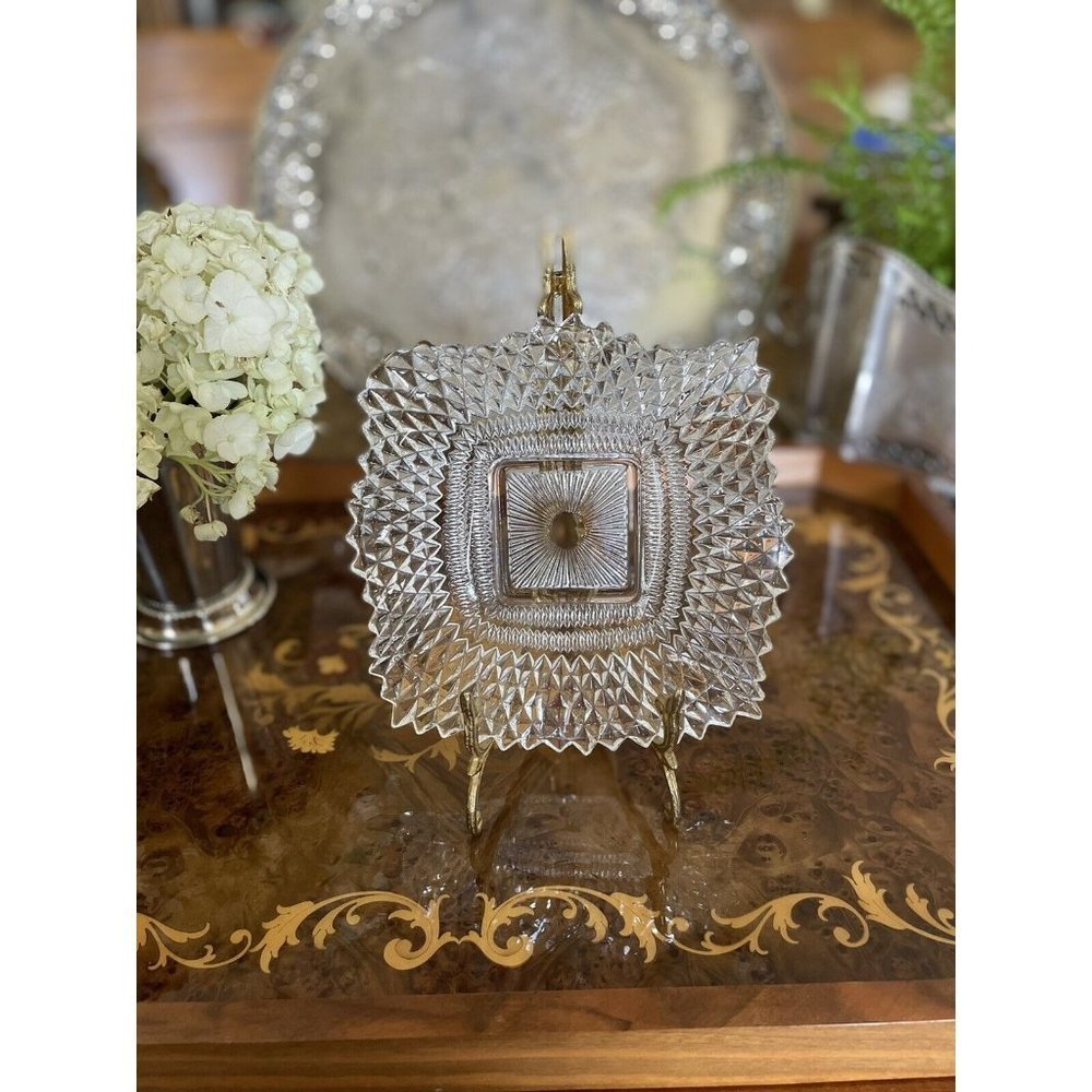 Vintage Clear INDIANA GLASS Co Square Ruffled Diamond Point Candy Nut Dish Bowl